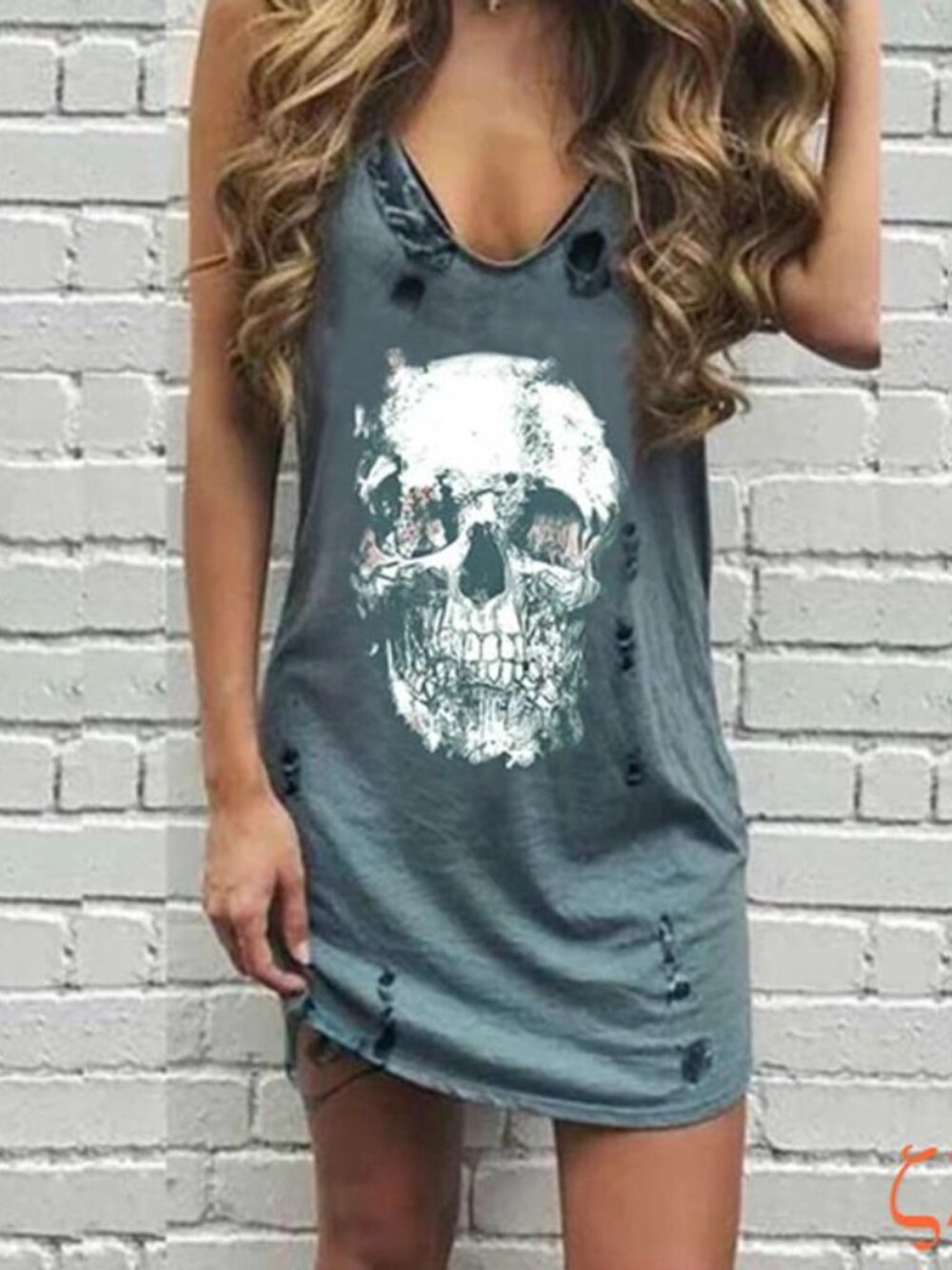 CBR Grey Tank Dress, Skull Graphic, pre-distressed detailing, size small